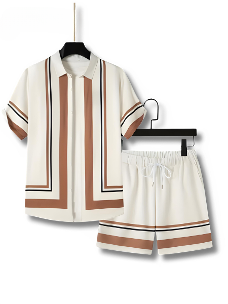 Kurzarmhemd mit Knopfleiste | gestreifte Shorts | leichtes Sommer Set Herren-Apricot-M-Luzern Mode