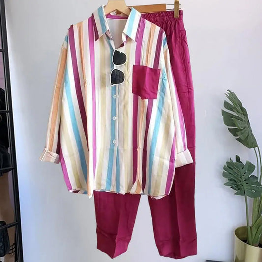 Leinen Set Damen zweiteilig | lockeres Shirt | weite Hose | atmungsaktiv | leicht-Rosarot-S-Luzern Mode