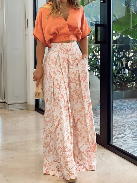 Damen Sommer-Set | Hose | Bluse | Print | Locker | Knopfleiste-Orange-S-Luzern Mode