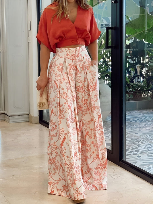 Damen Sommer-Set | Hose | Bluse | Print | Locker | Knopfleiste-Rot-S-Luzern Mode