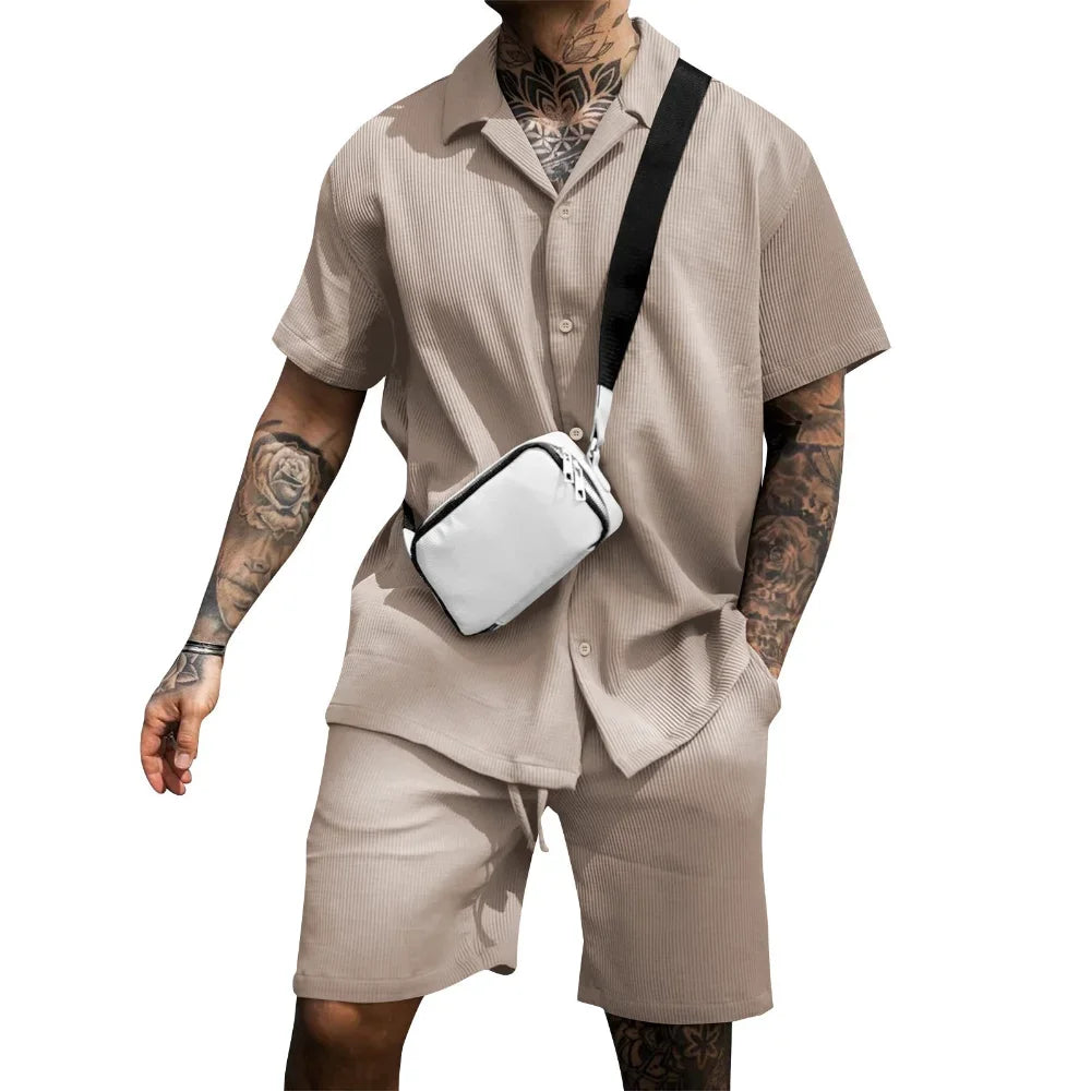 Sommer Set Herren zweiteilig | Hemd Shorts | Atmungsaktiv bequem | Freizeit Look-Khaki-S-Luzern Mode