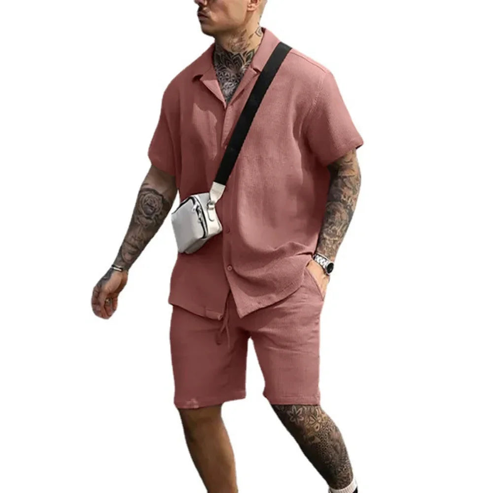 Sommer Set Herren zweiteilig | Hemd Shorts | Atmungsaktiv bequem | Freizeit Look-Rosa-S-Luzern Mode
