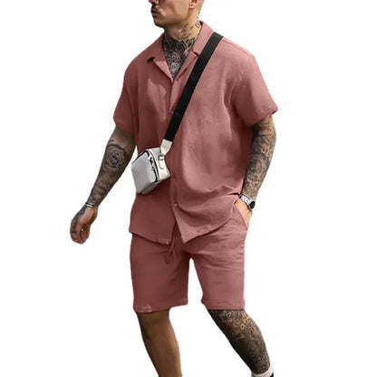 Sommer Set Herren zweiteilig | Hemd Shorts | Atmungsaktiv bequem | Freizeit Look-Rosa-S-Luzern Mode