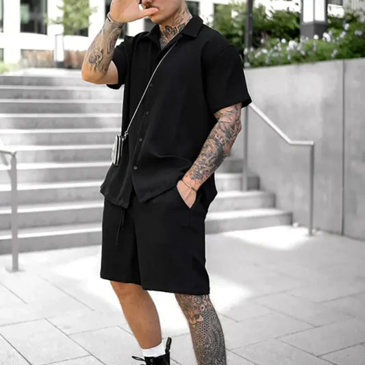 Sommer Set Herren zweiteilig | Hemd Shorts | Atmungsaktiv bequem | Freizeit Look-Schwarz-S-Luzern Mode