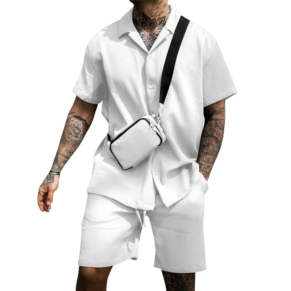 Sommer Set Herren zweiteilig | Hemd Shorts | Atmungsaktiv bequem | Freizeit Look-Weiß-S-Luzern Mode