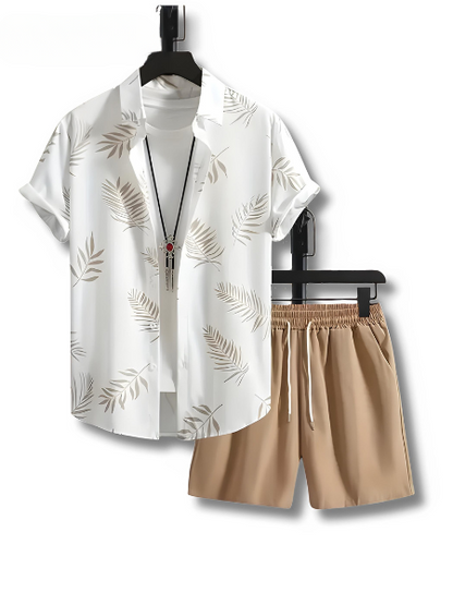 Herren Sommer Set | zweiteilig Shirt Shorts | tropischer Print | bequem lässig-Weiß/Braun-M(48)-Luzern Mode
