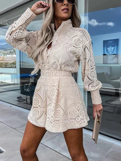 Spitzen Sommer Set Damen | Luftig | Zweiteilig | Ideal für Urlaub und Freizeit-Khaki-S-Luzern Mode