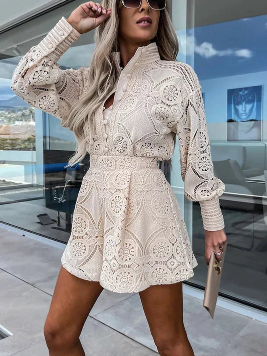 Spitzen Sommer Set Damen | Luftig | Zweiteilig | Ideal für Urlaub und Freizeit-Khaki-S-Luzern Mode